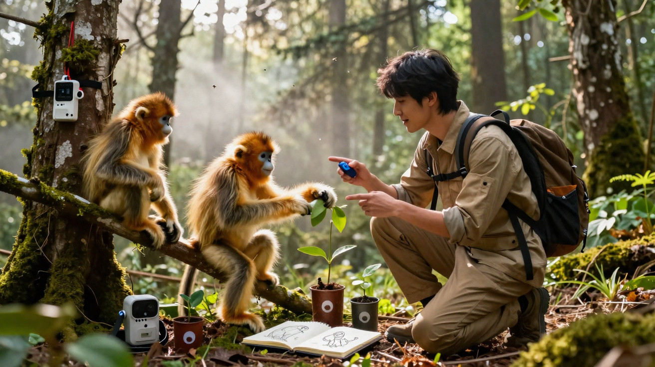 Un homme en tenue de terrain interagit avec deux singes dorés dans une forêt, entourés de plantes et d'appareils.