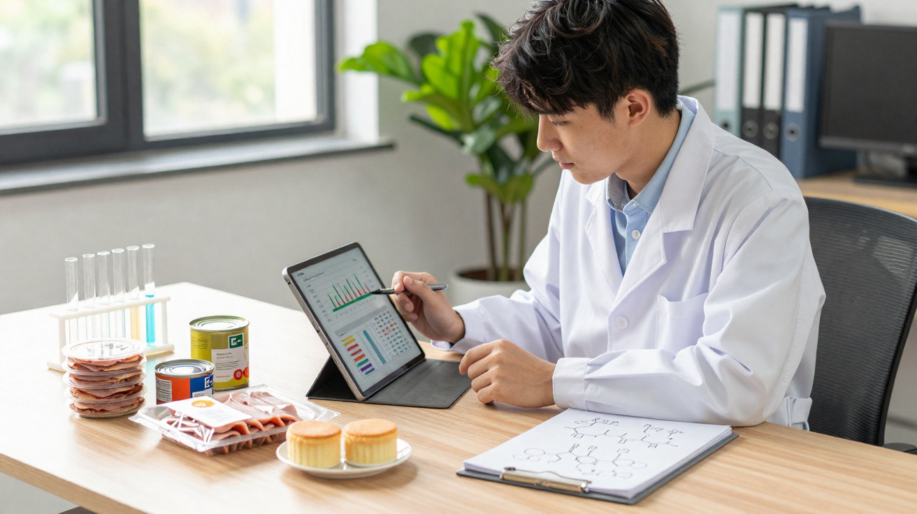 Scientifique en blouse blanche analysant des données sur tablette avec aliments et matériel de laboratoire sur table.
