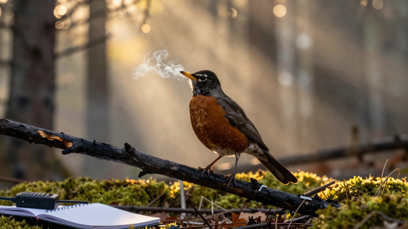 Oiseau perché sur une branche avec une fumée blanche sortant de son bec en forêt au lever du soleil.
