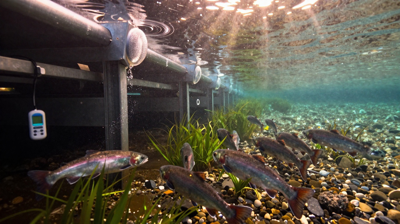 Poissons nageant sous une structure métallique immergée dans une eau claire, avec gravier et plantes aquatiques.