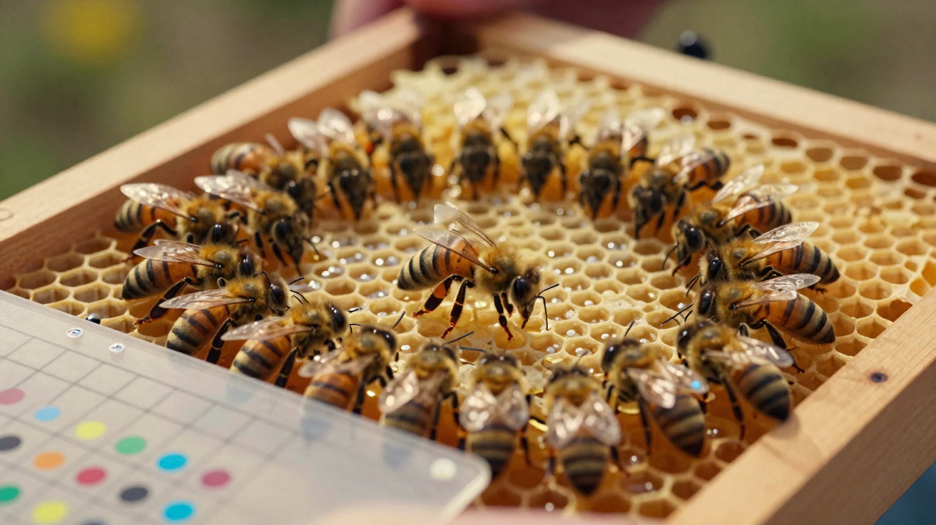 Gros plan d’abeilles travaillant sur un cadre de ruche en nid d’abeille avec de la gelée royale.