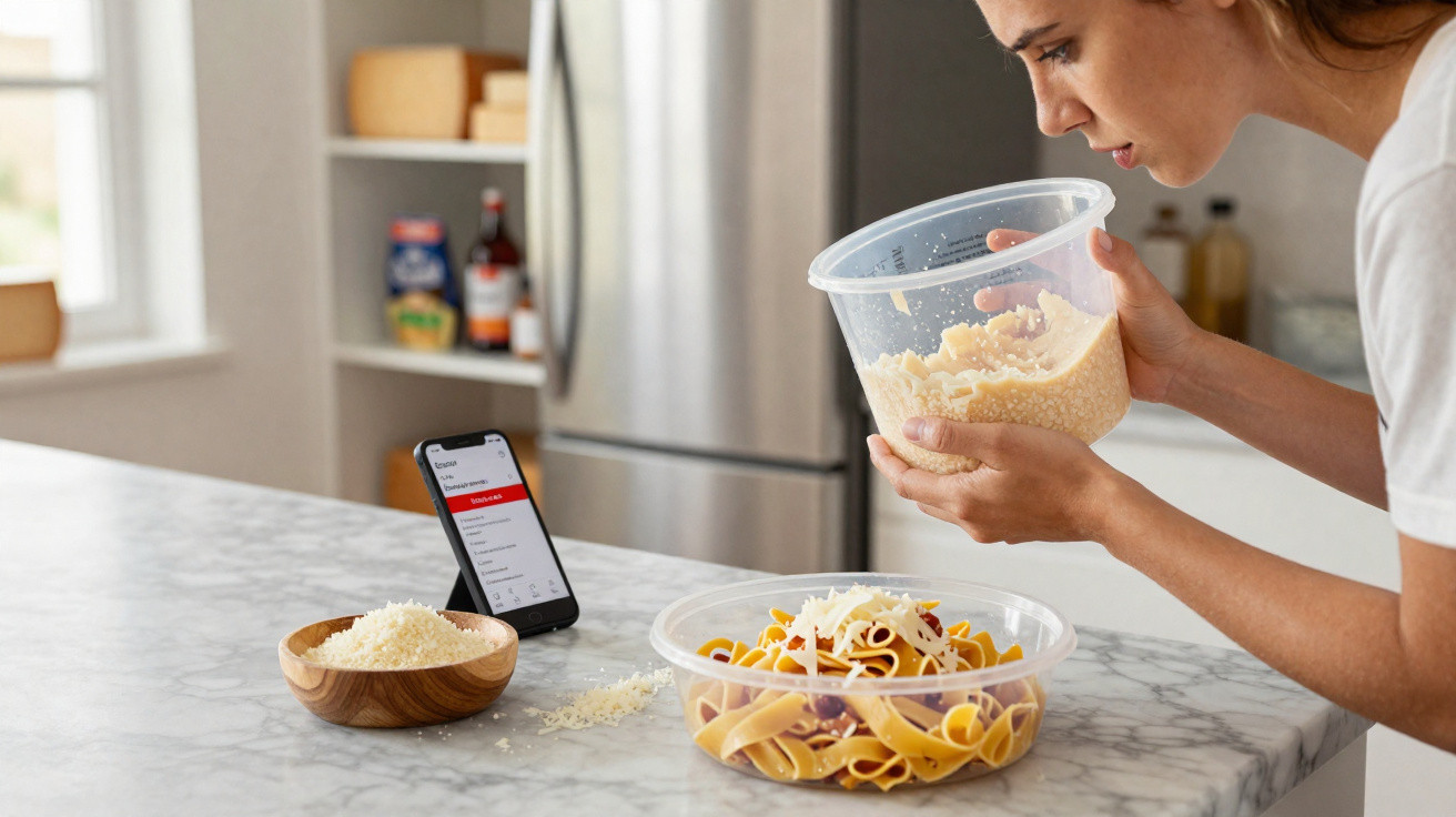 Femme ajoutant du parmesan râpé sur des pâtes dans une cuisine avec une recette affichée sur un smartphone.