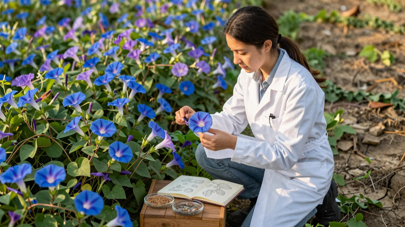 Chercheuse en blouse blanche examinant une fleur bleue dans un champ, avec guide botanique et échantillons.