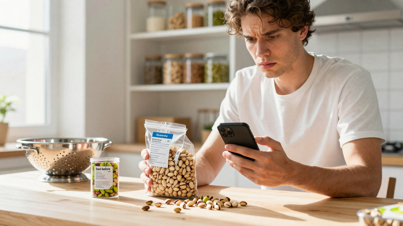 Homme assis à table lisant l'étiquette d'un sac de pistaches en regardant son smartphone dans une cuisine lumineuse.