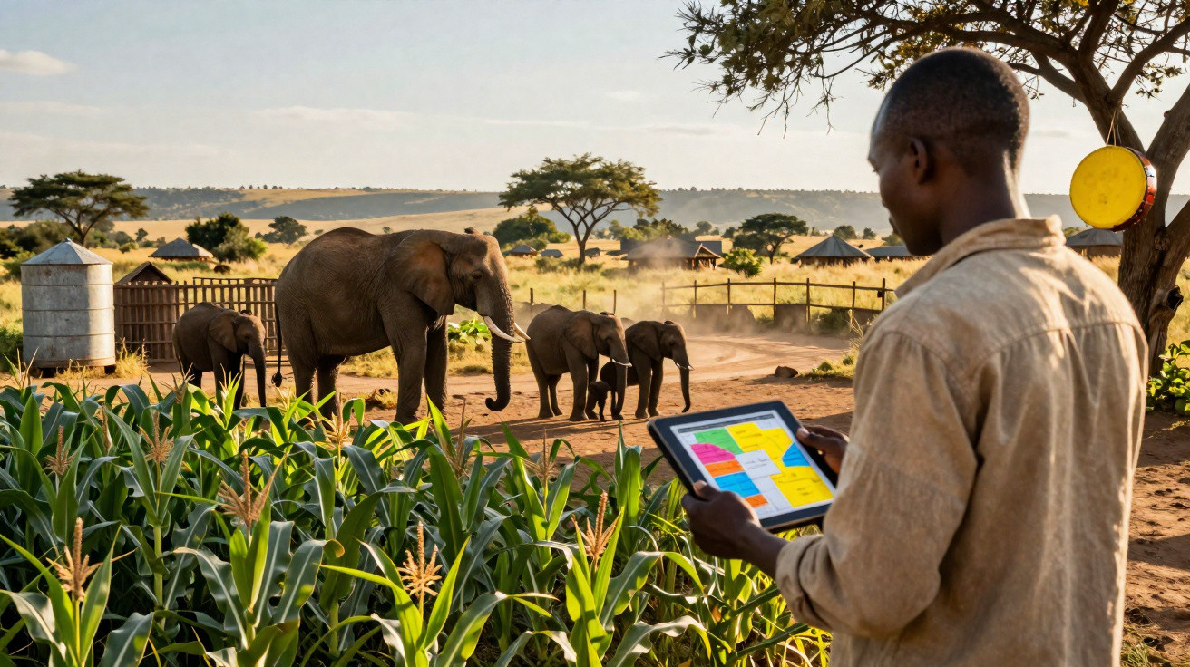 Un homme avec une tablette observe un troupeau d’éléphants dans un champ de maïs sous un ciel dégagé.