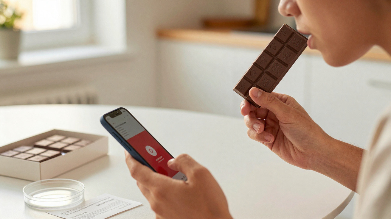 Personne mangeant une tablette de chocolat tout en consultant un smartphone à table.