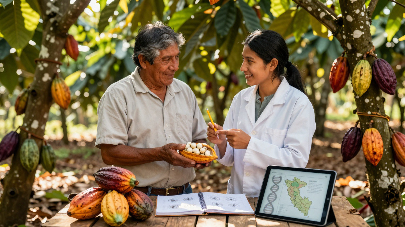 Deux experts discutent du cacao dans une plantation, avec tablette, notes et cabosses colorées sur la table.