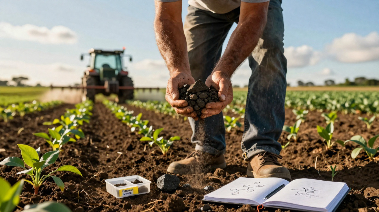 Agriculteur analysant la terre en pleine plantation avec un tracteur en arrière-plan et un carnet ouvert sur le sol.