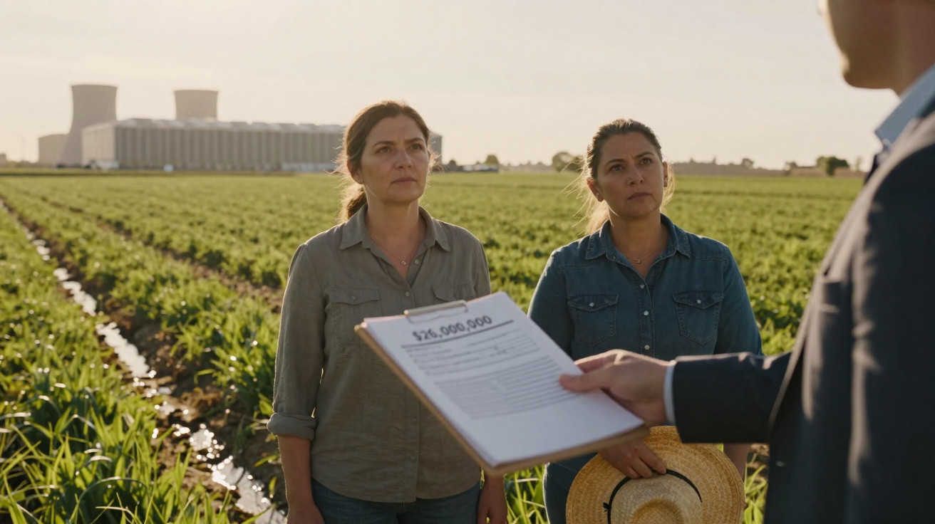 Deux femmes debout dans un champ écoutant un homme avec un document au premier plan, centrale nucléaire en arrière-plan.