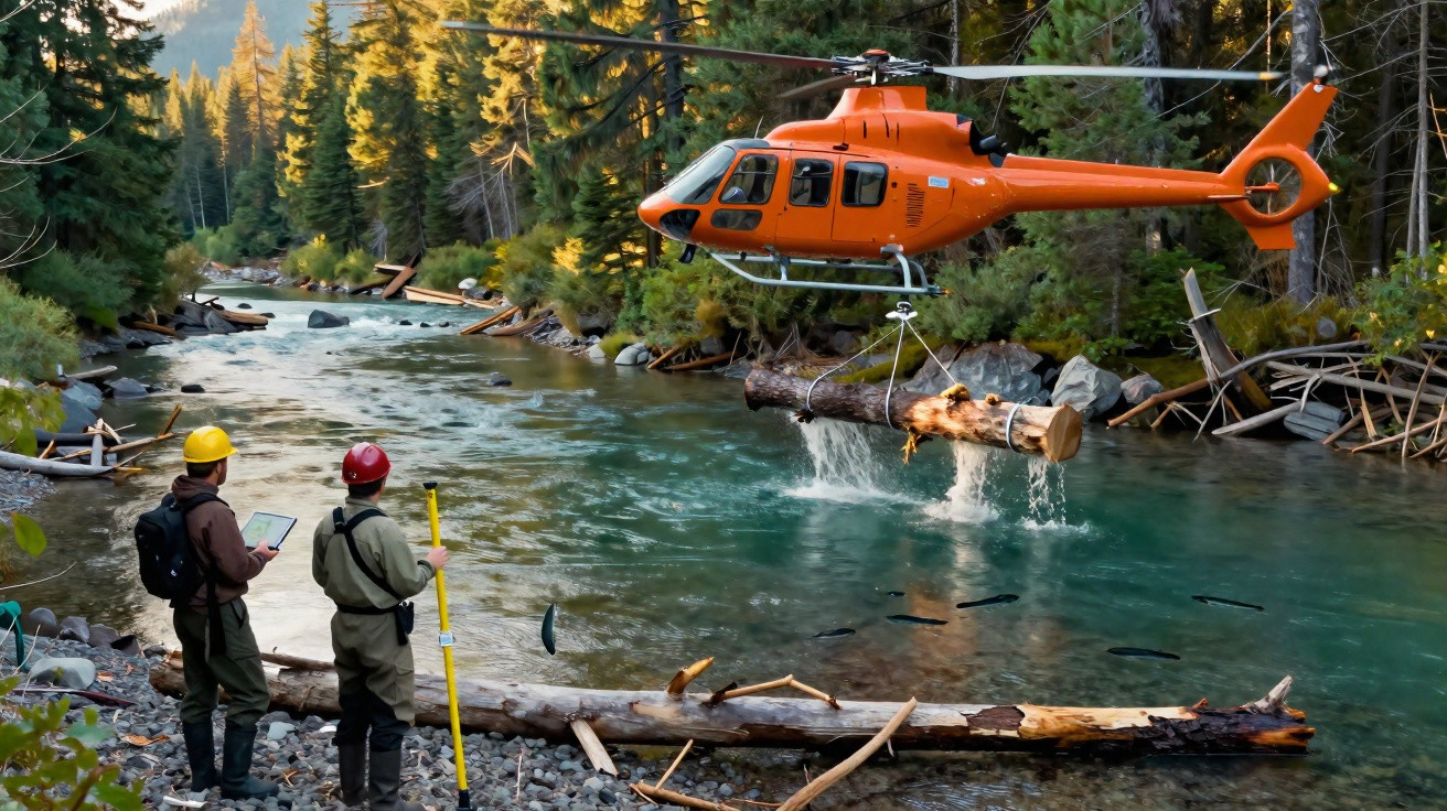 Hélicoptère orange transportant un tronc au-dessus d'une rivière, deux travailleurs en casque observent.