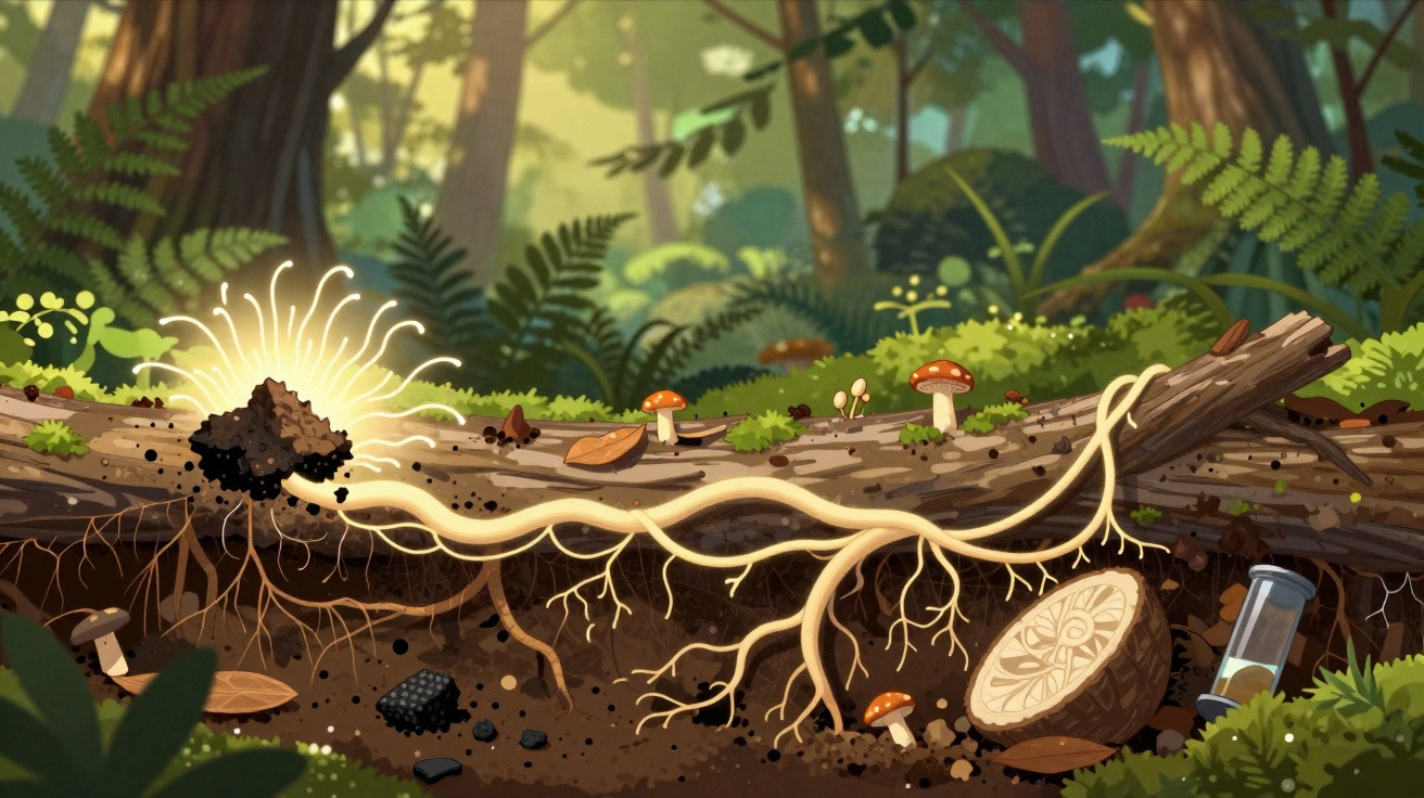Illustration d'une forêt avec racines lumineuses sous la terre et champignons poussant sur un tronc en décomposition.