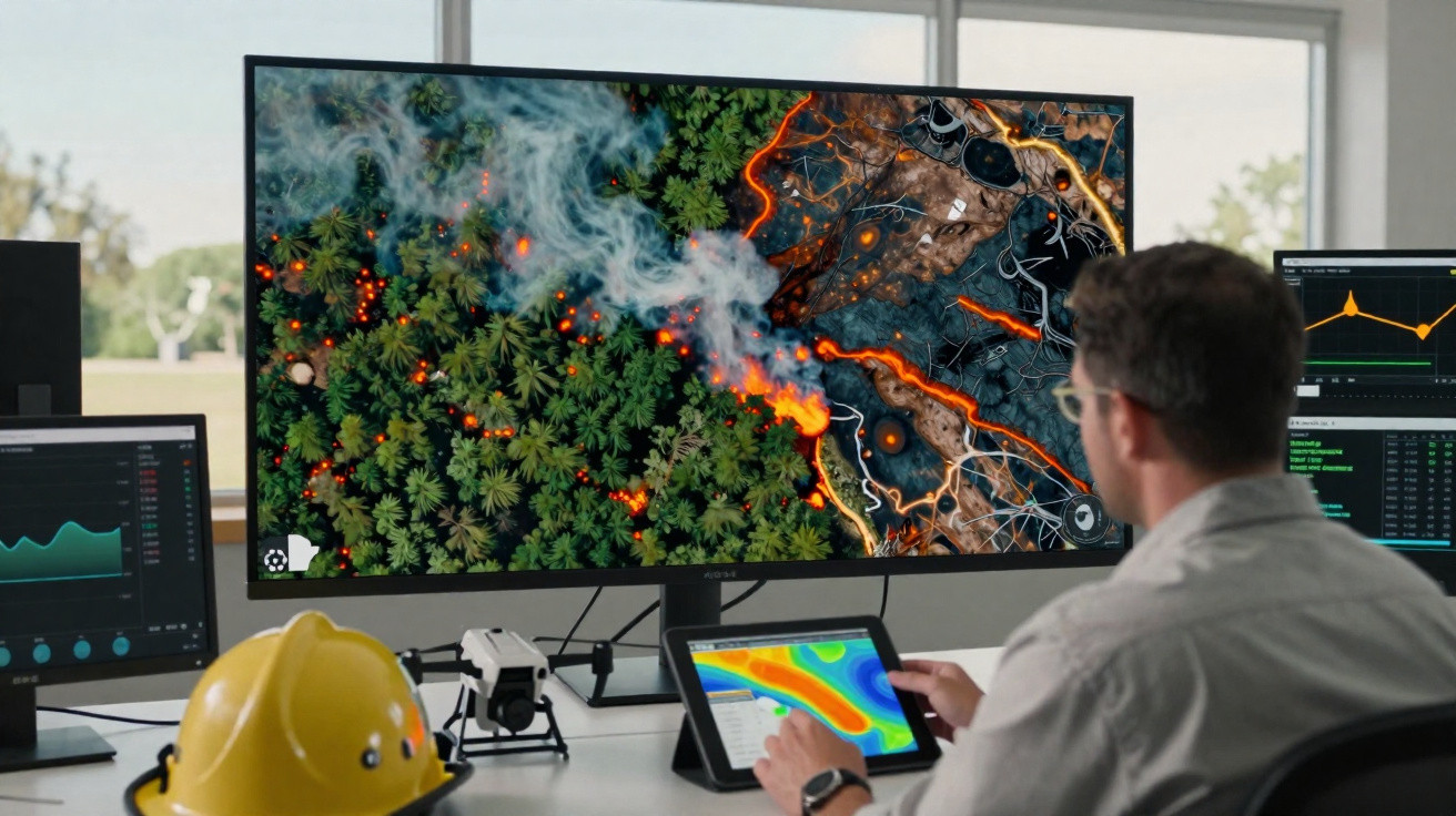 Homme analysant sur ordinateur un incendie de forêt avec fumée et flammes visibles sur un écran panoramique.