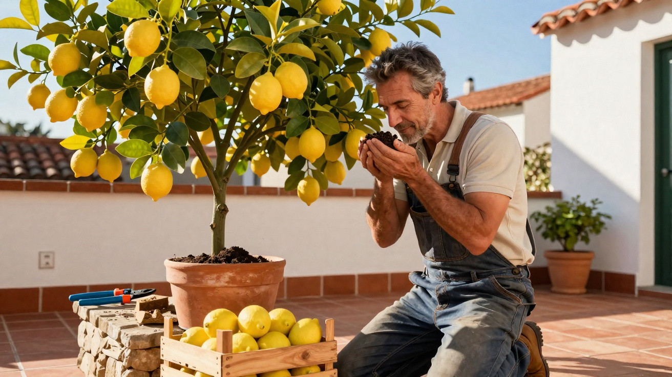 Homme en salopette jardinant un citronnier en pot sur une terrasse ensoleillée.