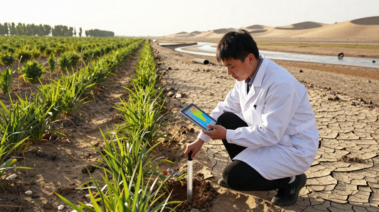 Scientifique en blouse blanche analyse la sécheresse du sol d'une plantation avec une tablette dans un paysage désertique.