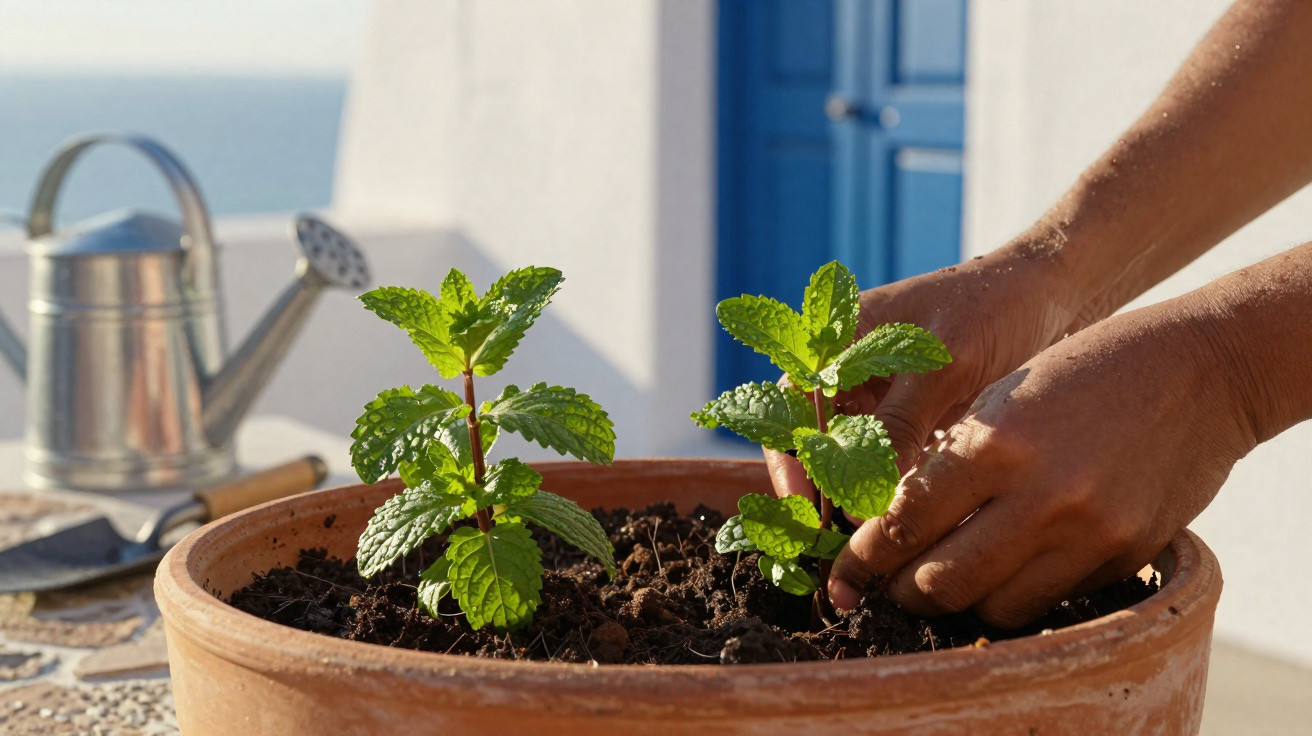 Mains plantant des jeunes pousses de menthe dans un pot en terre cuite au soleil.