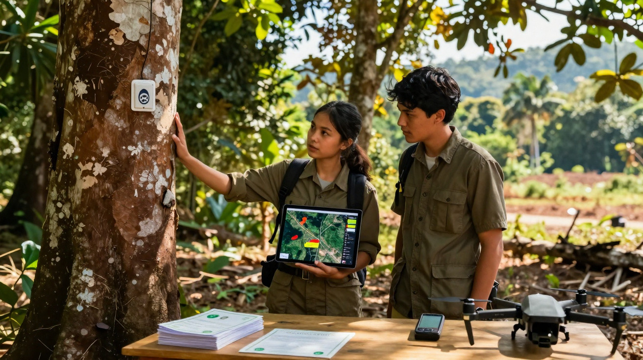 Deux scientifiques sur le terrain analysant des données sur tablette avec un drone et capteur fixé à un arbre.