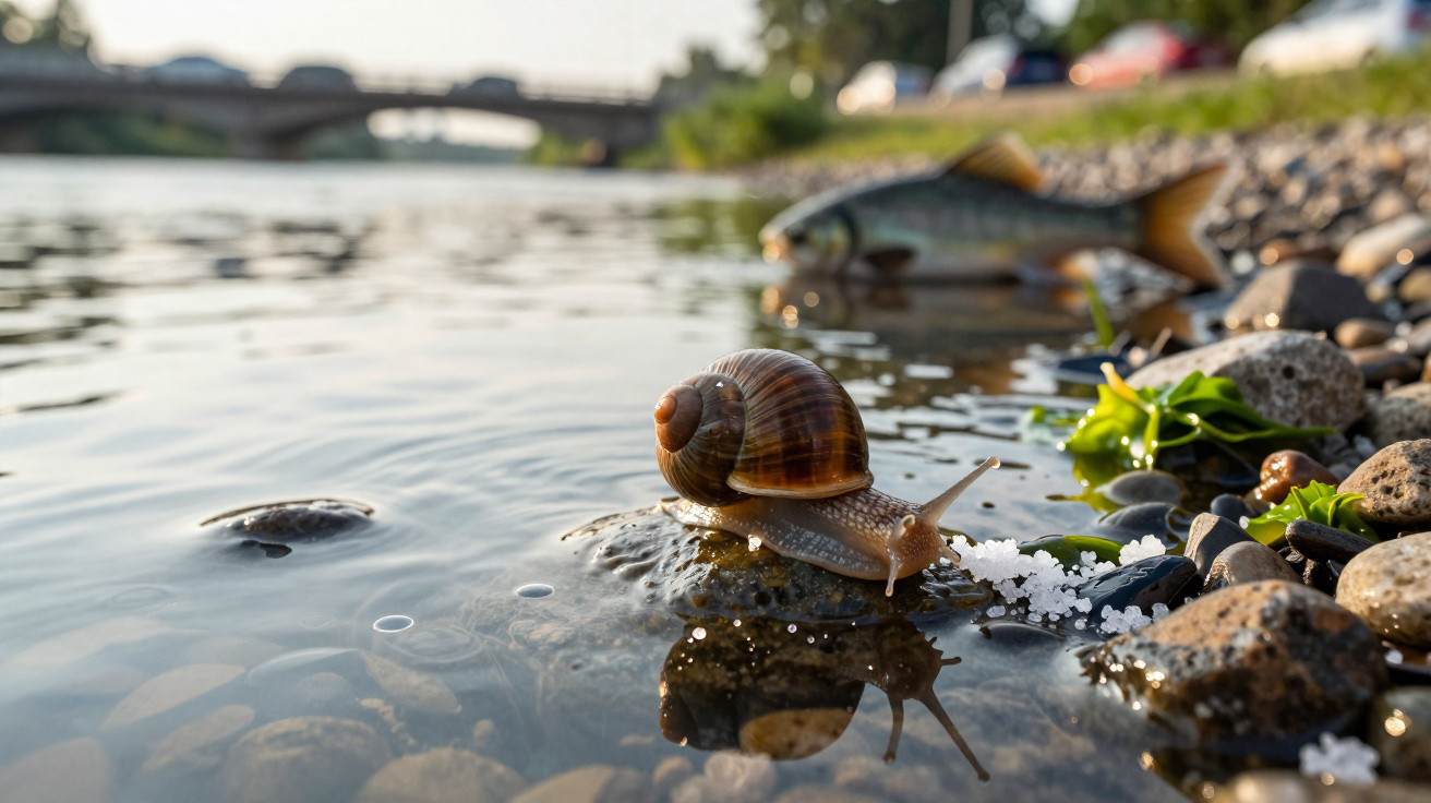 Escargot sur une pierre au bord d'une rivière avec un pont en arrière-plan et des galets autour.