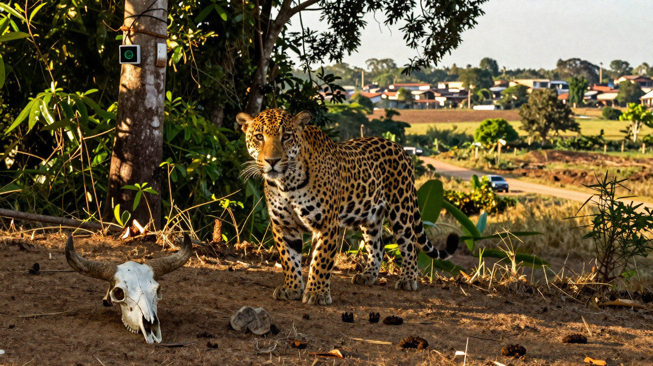 Jaguar debout près d’un crâne d’animal dans un paysage clairsemé avec des maisons en arrière-plan.