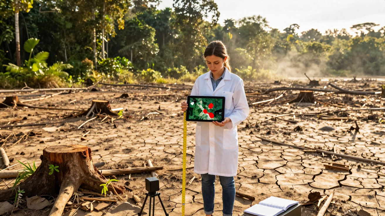 Jeune scientifique en blouse blanche mesure la déforestation sur un sol craquelé et stérile en forêt tropicale.