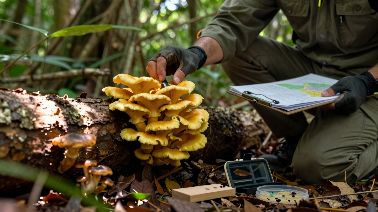 Personne récoltant des champignons jaunes sur un tronc en forêt avec un carnet de notes et matériel d'étude.