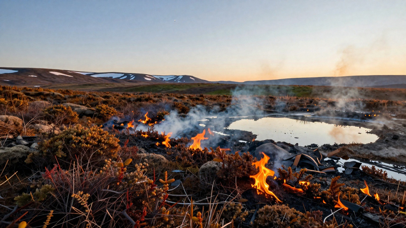 Feu de végétation avec fumée près d'un étang entouré de montagne au coucher du soleil.
