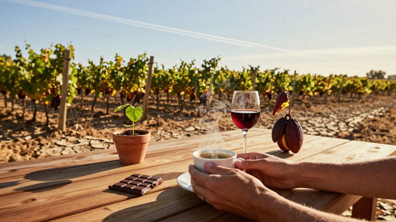 Mains tenant une tasse de café fumant sur une table en bois avec du vin, du chocolat et une plantation de vigne en arrière-pl