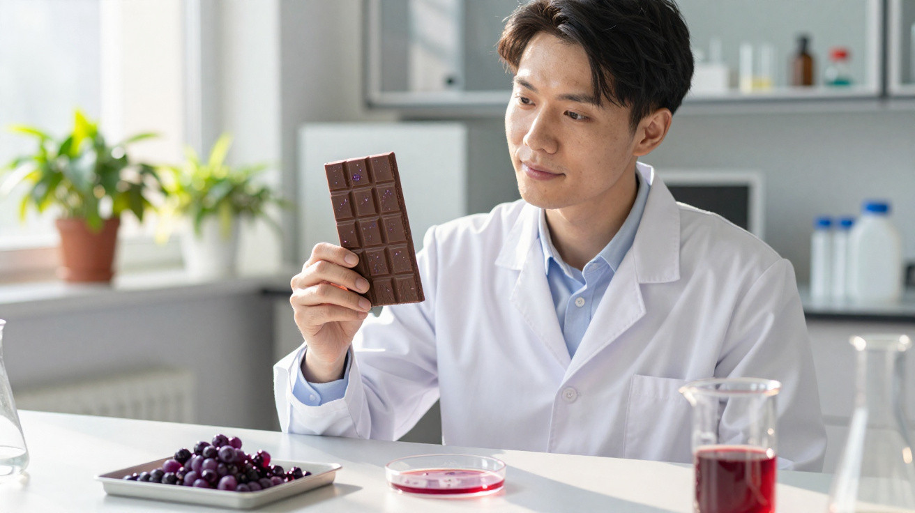 Chercheur en blouse blanche examinant une tablette de chocolat dans un laboratoire lumineux.