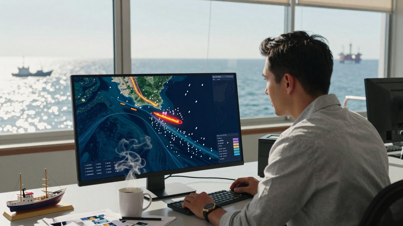 Homme surveillant la navigation maritime sur un écran d'ordinateur dans un bureau avec vue sur la mer.