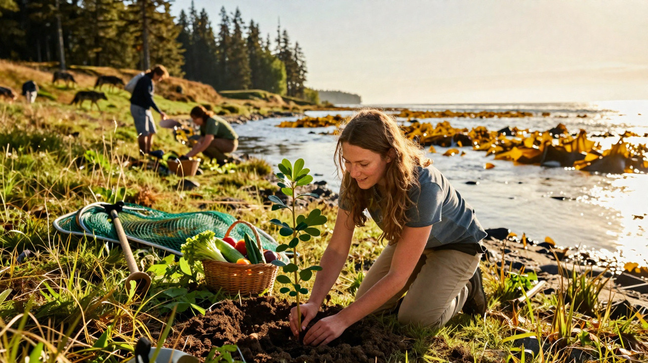 Personne plantant un jeune arbre au bord d'un lac, d'autres travaillent en arrière-plan au coucher du soleil.