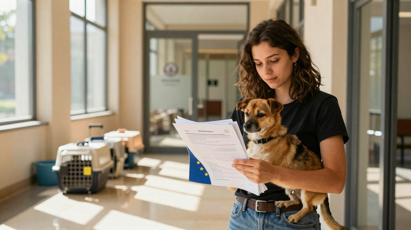 Jeune femme tenant un chien et lisant des documents dans un couloir lumineux avec des cages pour animaux à l'arrière.