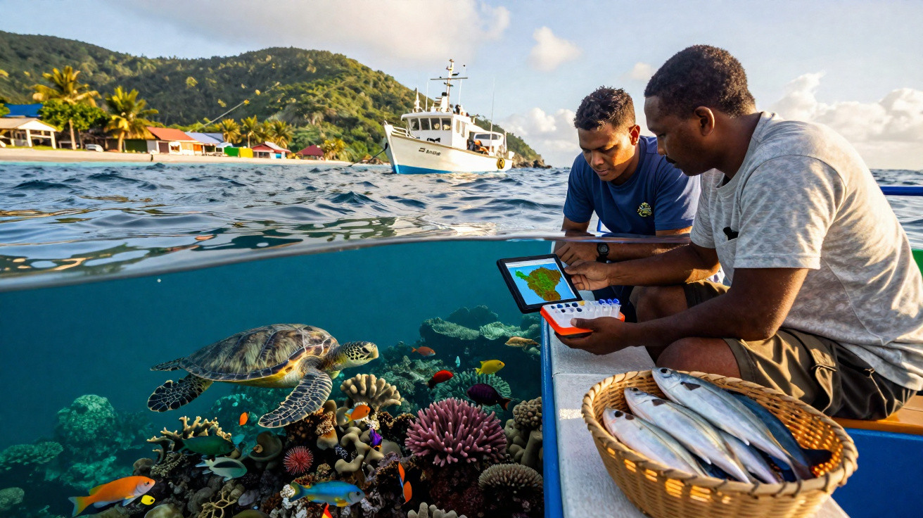Deux hommes dans un bateau observent une tortue et des poissons colorés près d’un récif corallien sous l’eau.