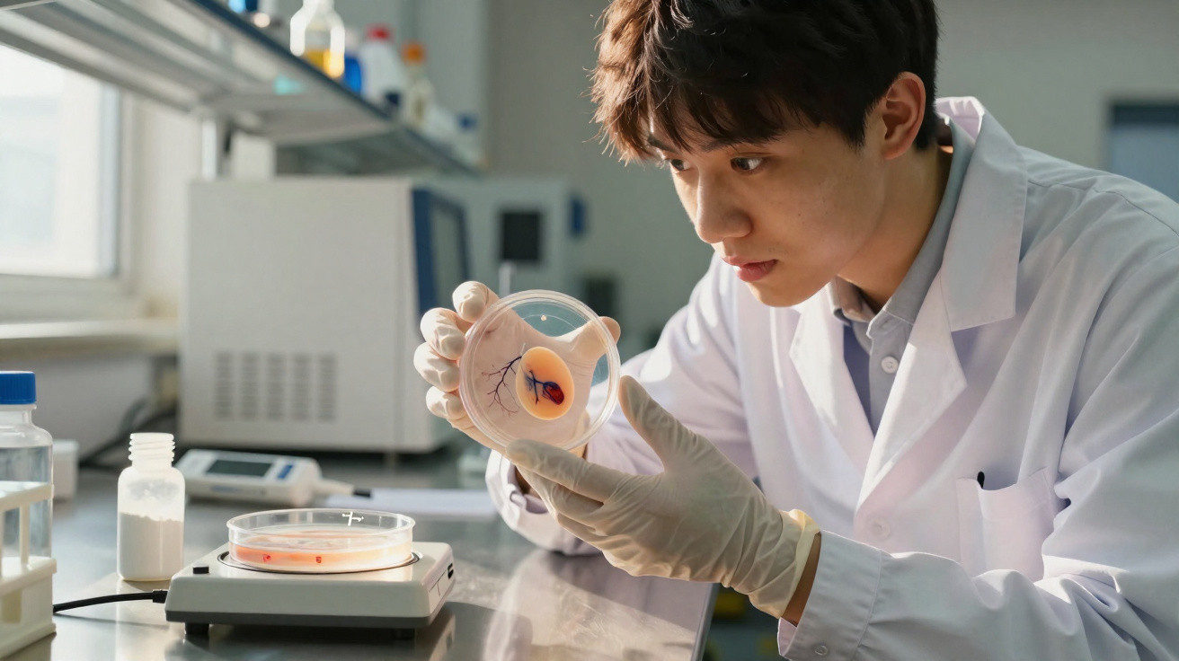 Chercheur en blouse blanche examinant une culture cellulaire colorée dans une boîte de pétri en laboratoire.