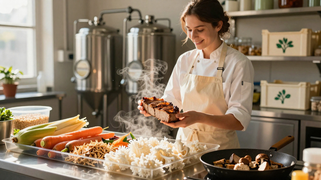 Femme cuisinier souriante tenant un rôti fumant devant légumes et champignons dans une cuisine professionnelle.