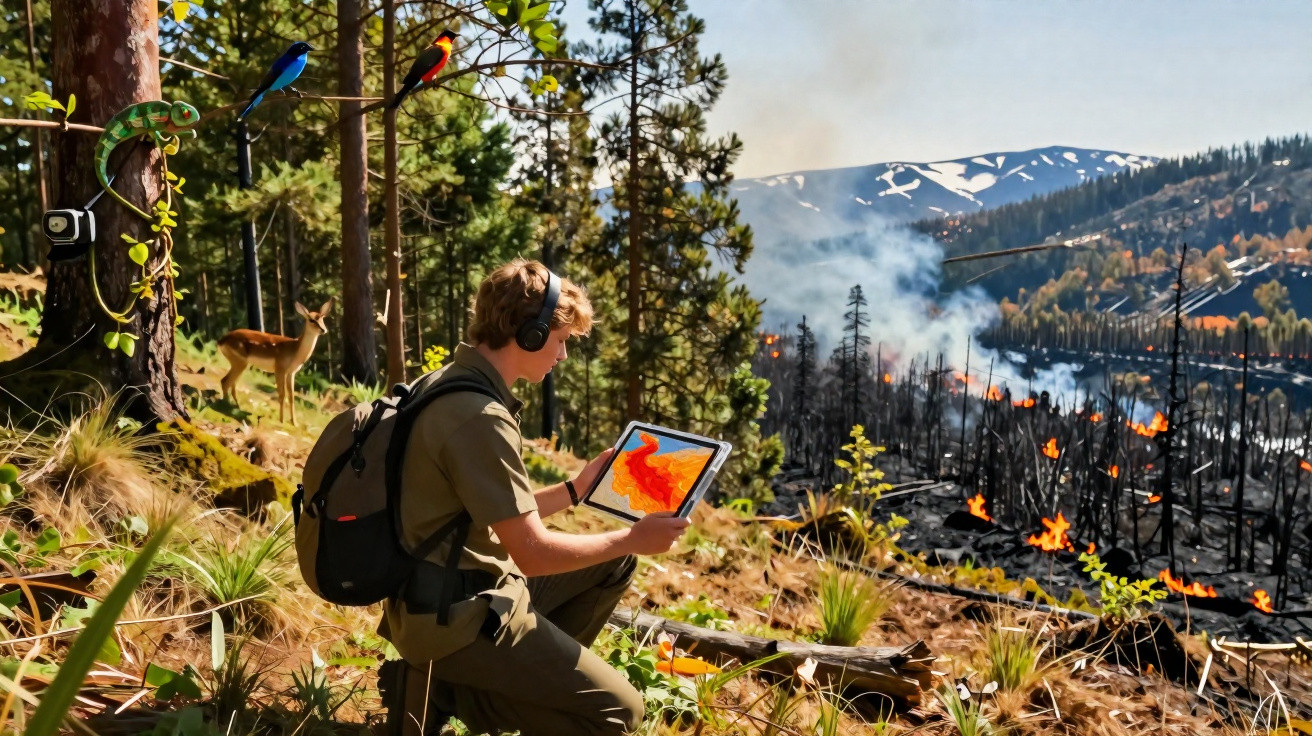 Jeune homme en tenue de ranger observe sur tablette une carte de feu de forêt près d'une zone brûlée en montagne.