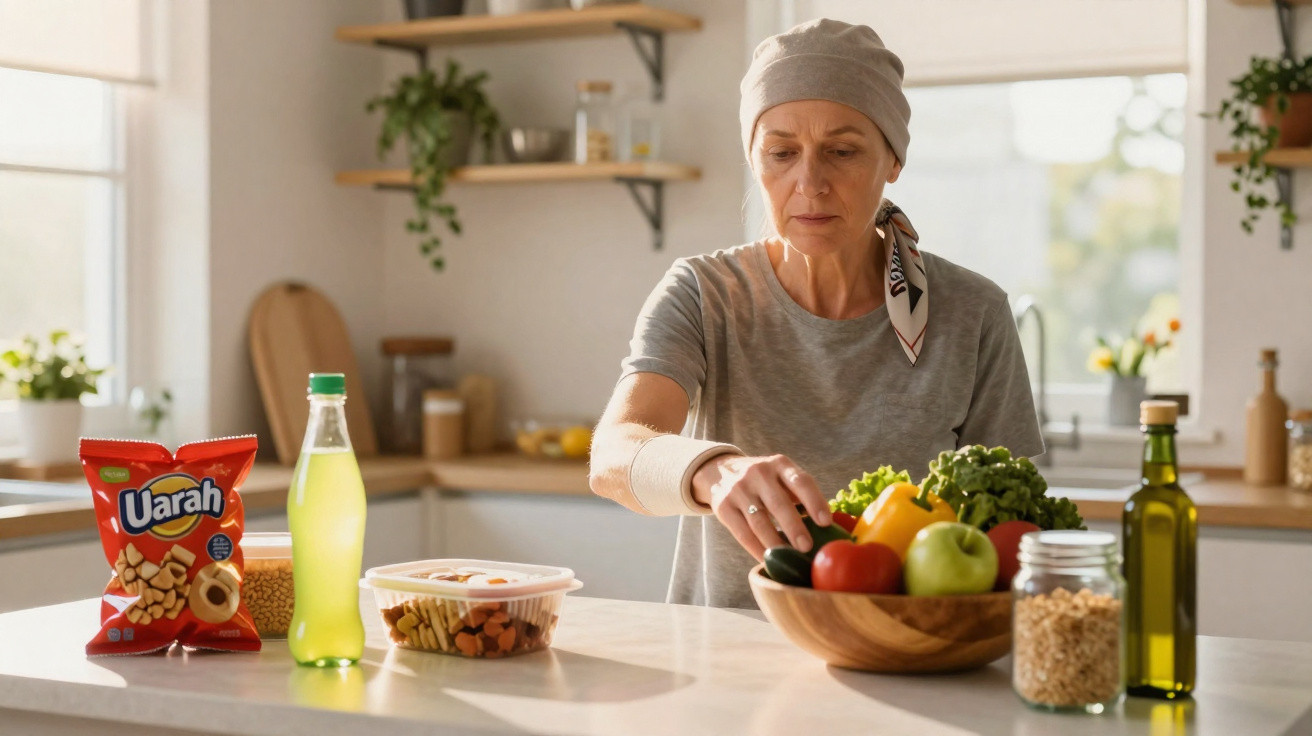 Femme portant un foulard, préparant une salade avec des légumes frais dans une cuisine lumineuse.