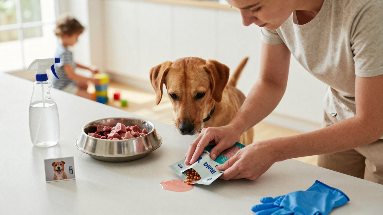 Une personne verse des croquettes pour chien sur une table, un chien et un enfant jouent en arrière-plan.