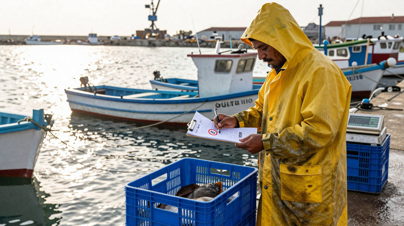 Homme en ciré jaune inspectant une caisse de poissons sur un quai avec des bateaux de pêche en arrière-plan.