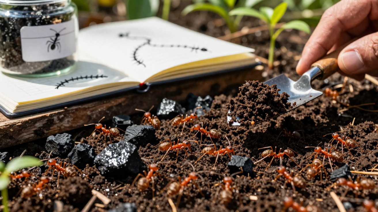 Fourmis rouges sur de la terre avec morceaux de charbon, une pelle et un carnet illustré d’insectes.