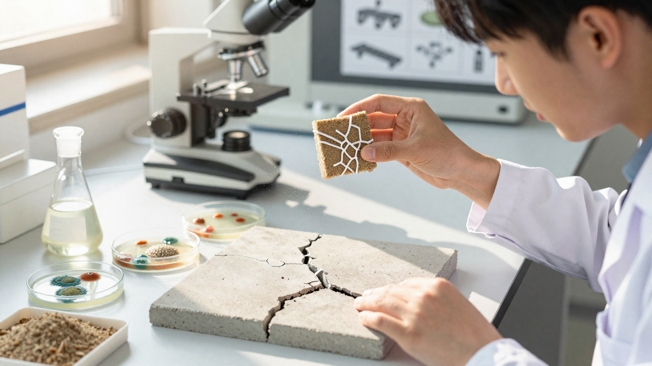 Chercheur analysant fissures sur dalle de béton en laboratoire avec microscope et boîtes de Pétri.