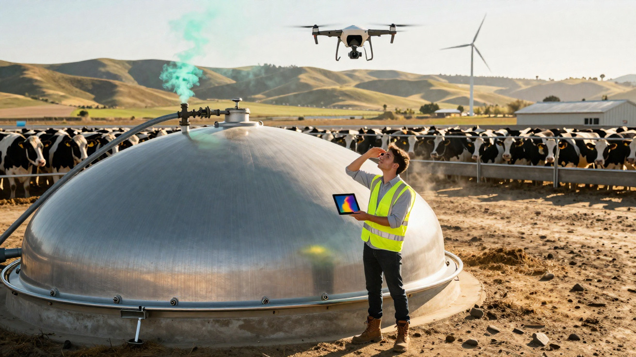 Agriculteur avec tablette et drone surveillant une installation de biogaz sur une ferme laitière avec ventiler.