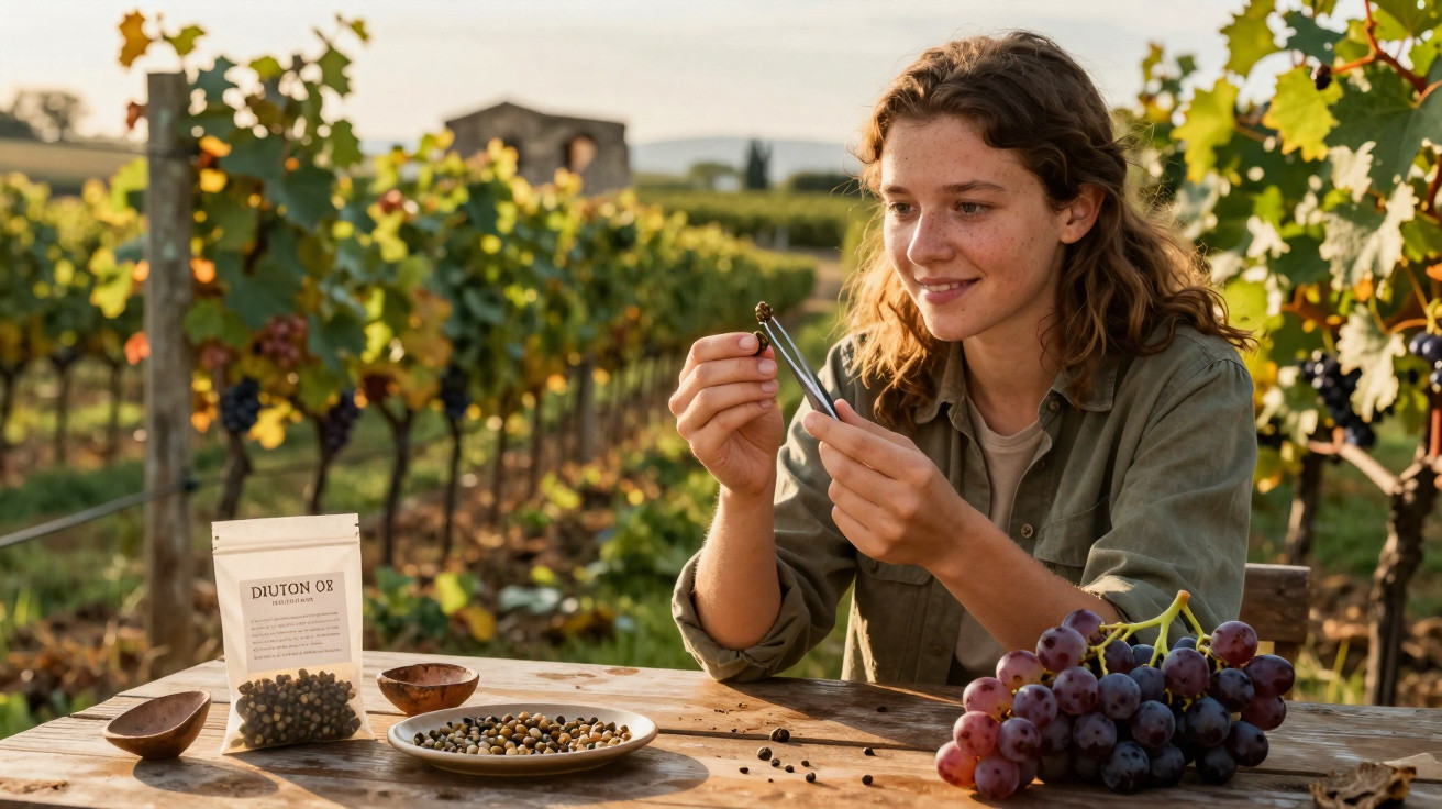 Jeune femme examine une grappe de raisin dans un vignoble avec des fruits et épices sur une table en bois.