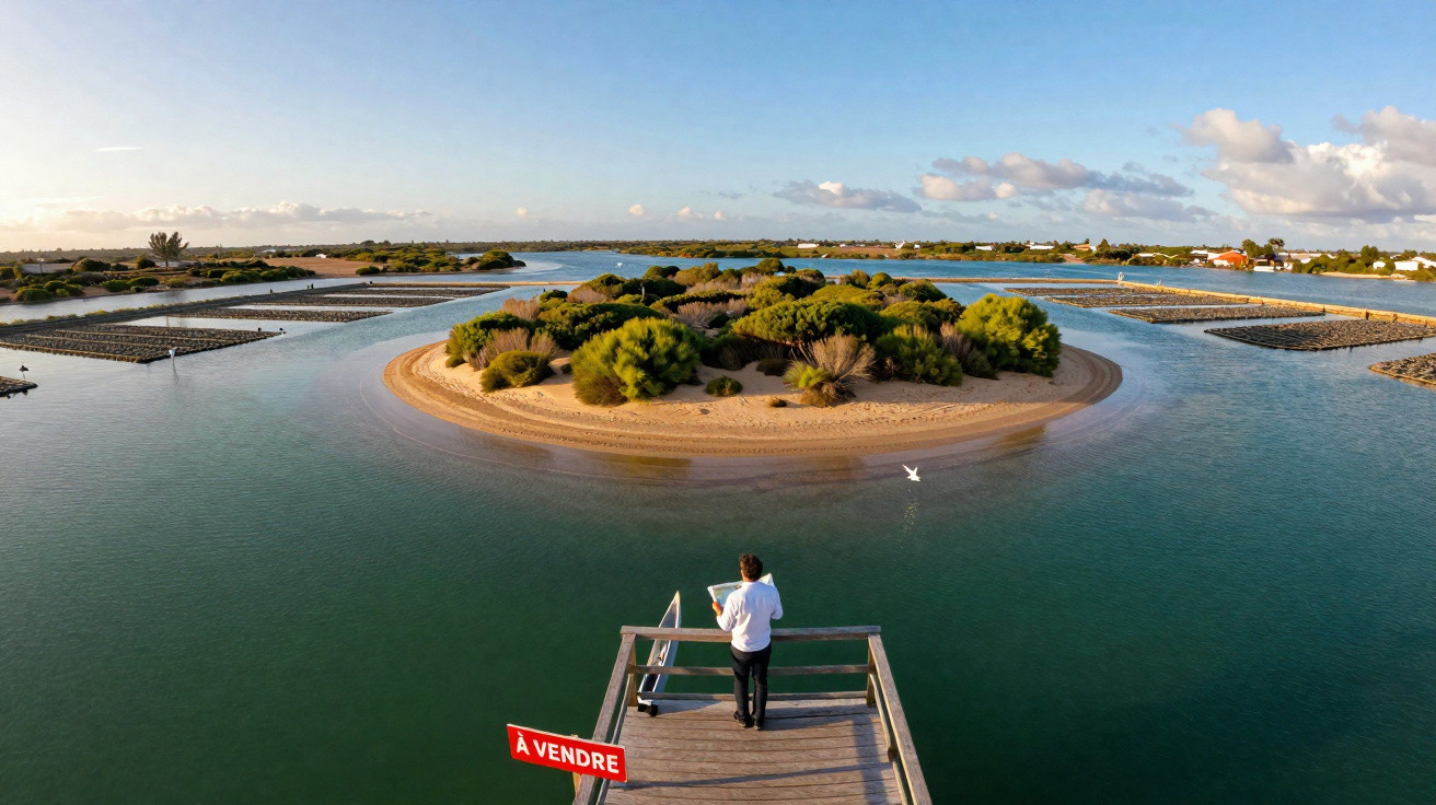 Homme en veste blanche sur un ponton avec panneau à vendre face à une île végétalisée entourée d'eau sous un ciel bleu.