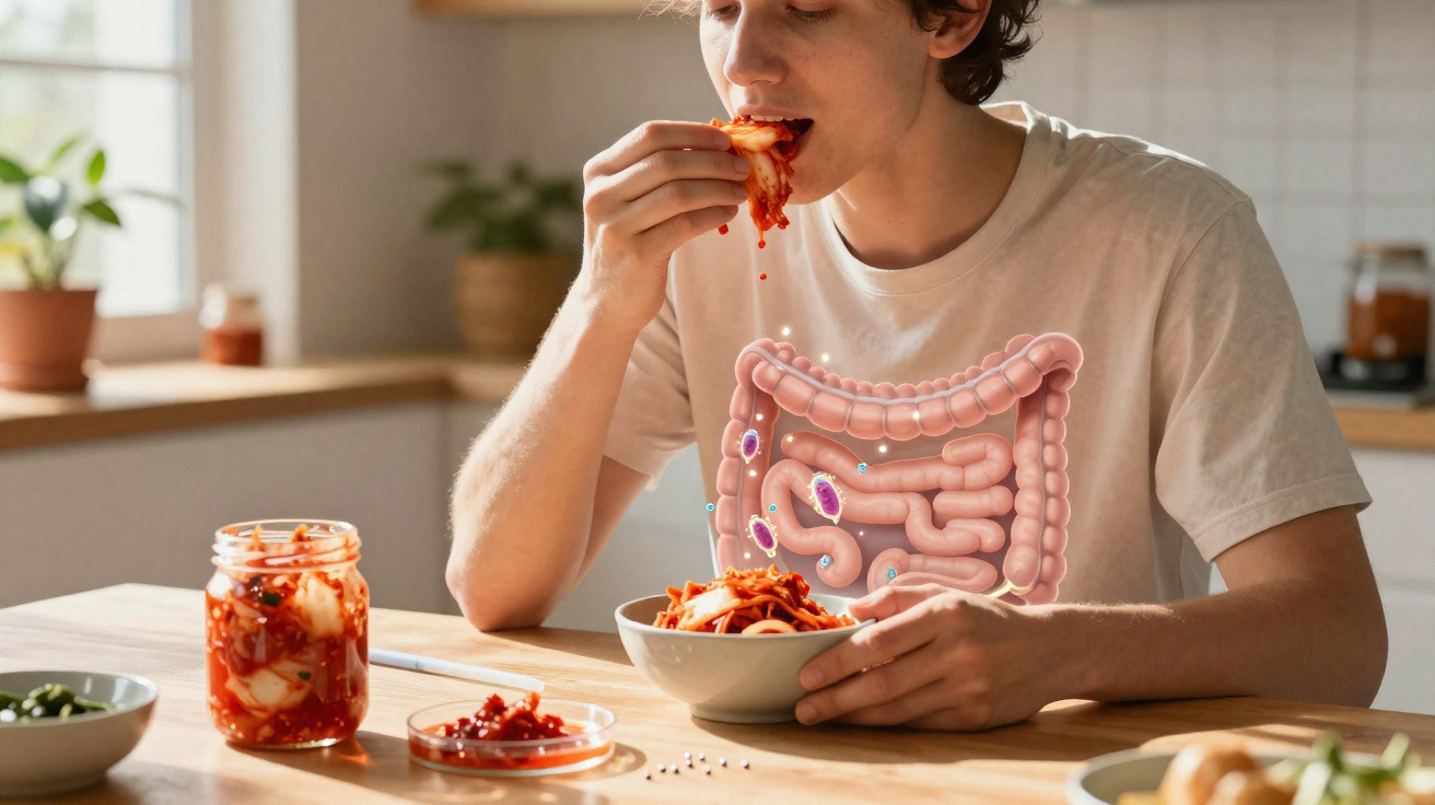 Homme mangeant un plat épicé avec illustration des intestins montrant la digestion et le microbiote.