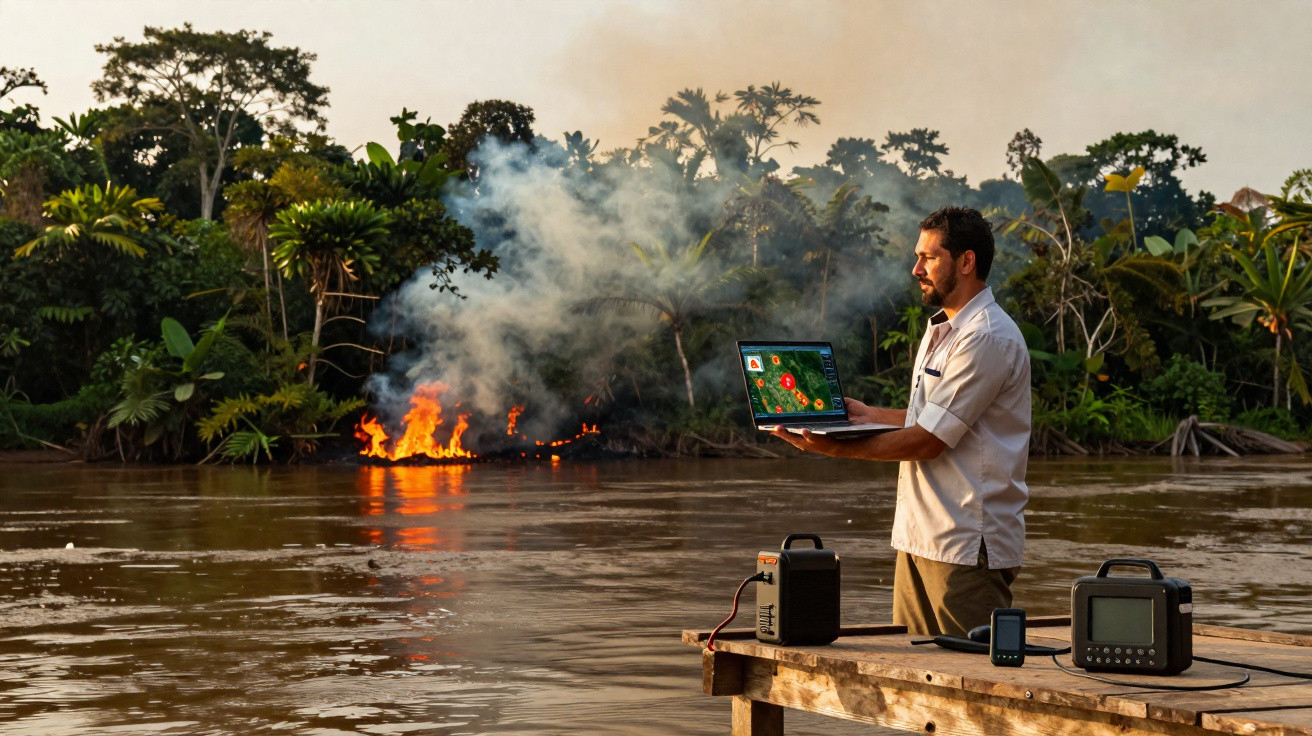 Homme avec ordinateur sur un quai surveillant un incendie dans la forêt au bord de la rivière.