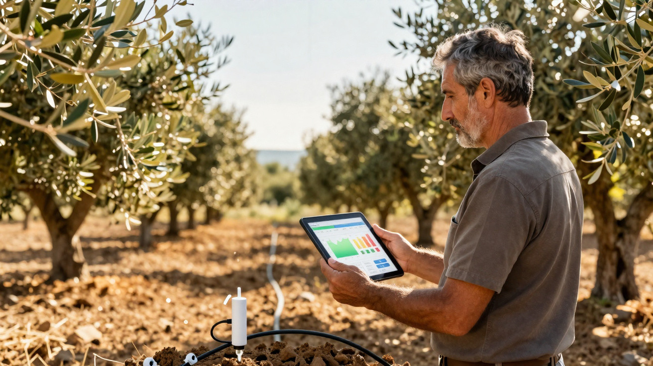 Agriculteur utilisant une tablette pour surveiller l'irrigation dans un verger d'oliviers par une journée ensoleillée.