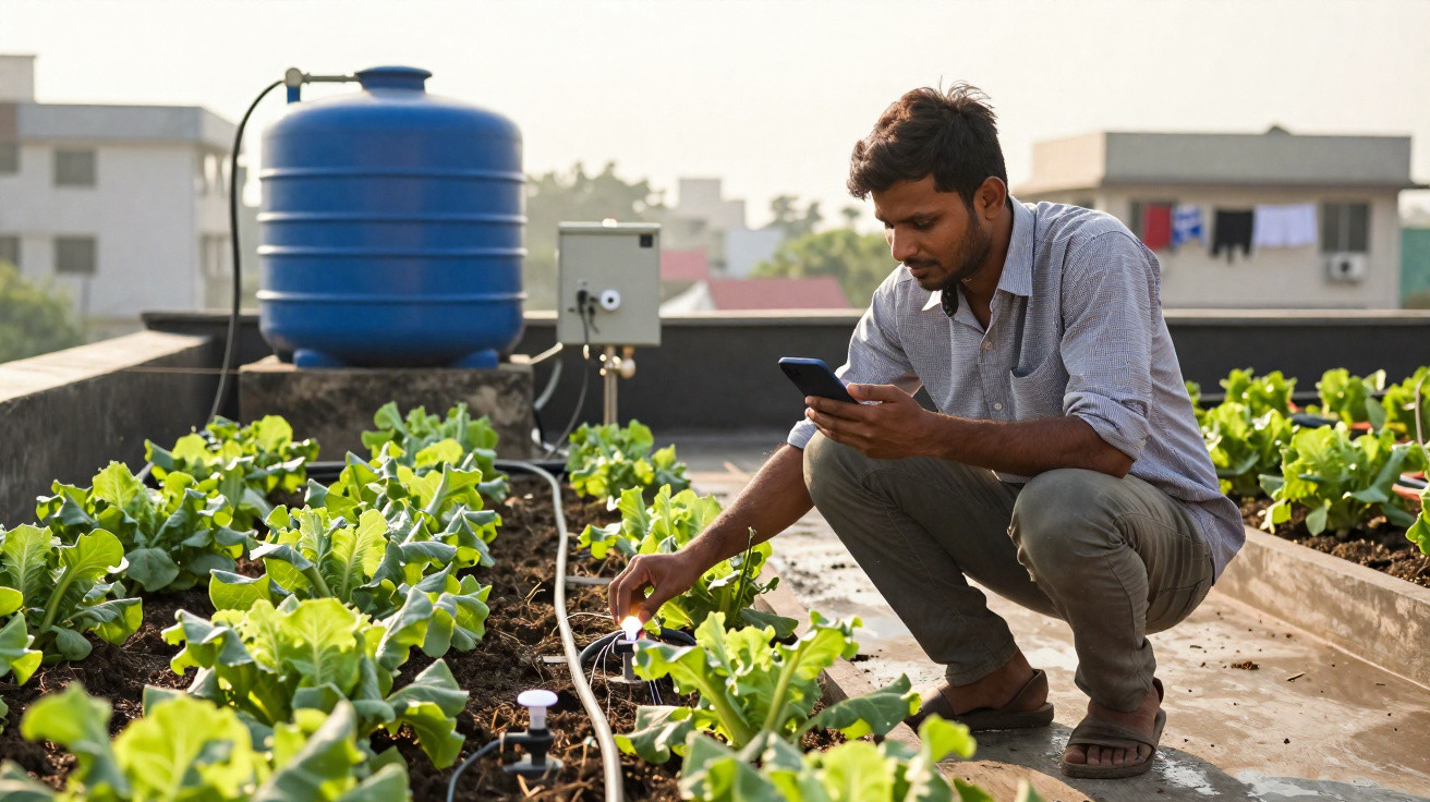 Homme utilisant un smartphone pour contrôler un système d'irrigation dans un potager sur un toit lumineux.