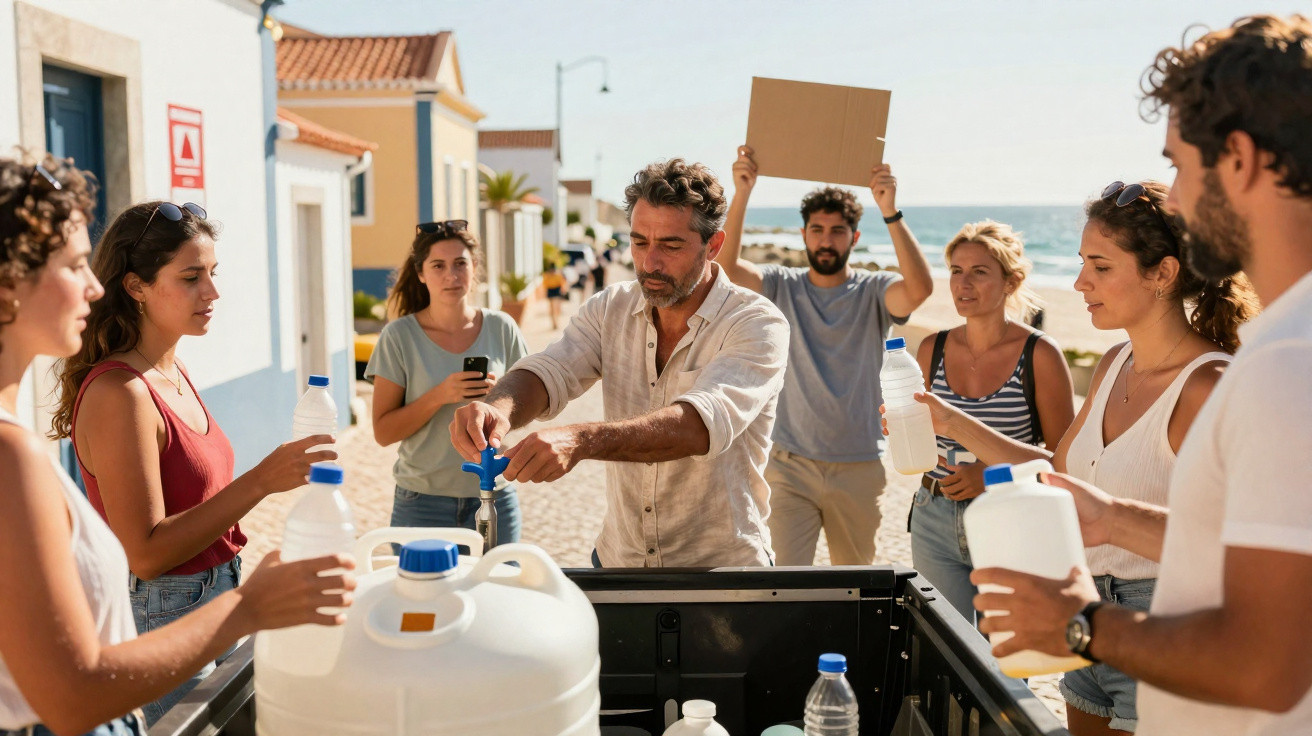 Groupe de personnes remplissant des bouteilles d'eau à une fontaine extérieure près de la plage.