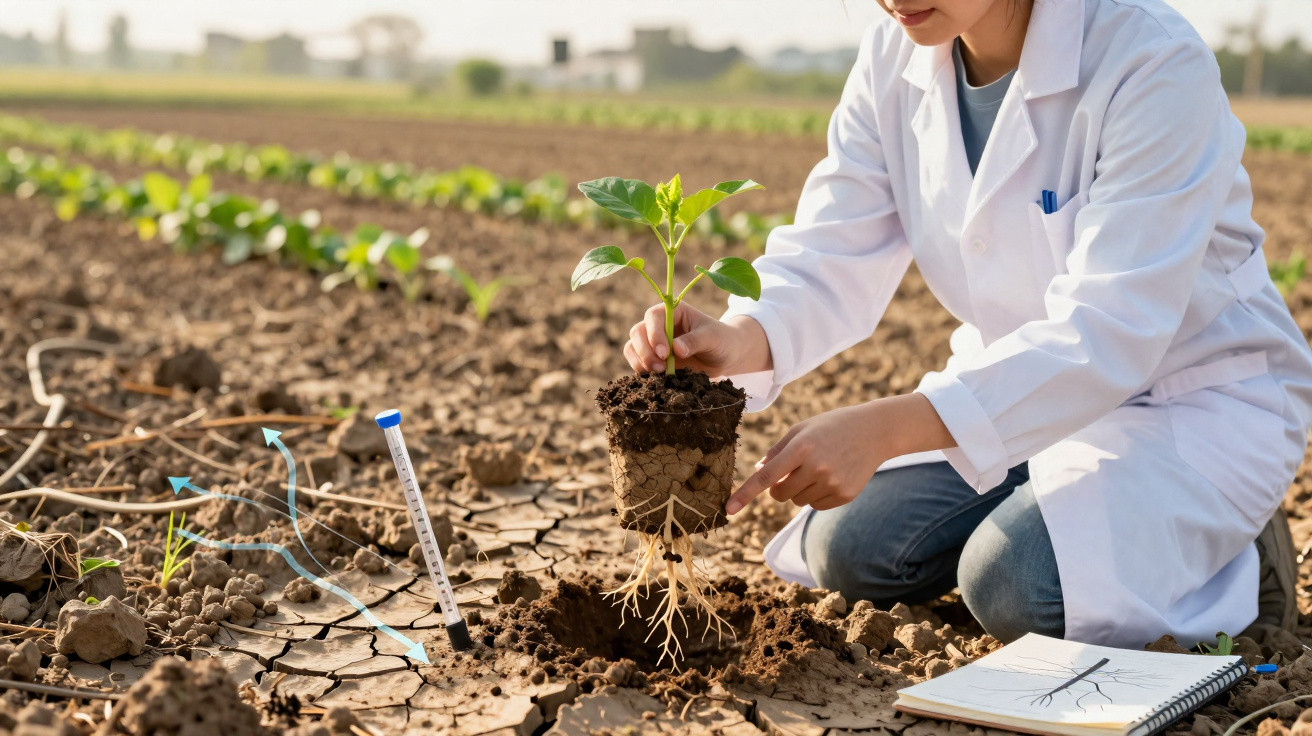 Scientifique en blouse blanche examinant les racines d'une jeune plante dans un champ aride.