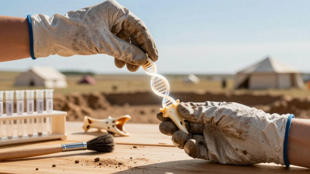 Deux mains gantées tiennent une molécule d'ADN miniature au-dessus d'ossements fossiles sur une table d'archéologie.