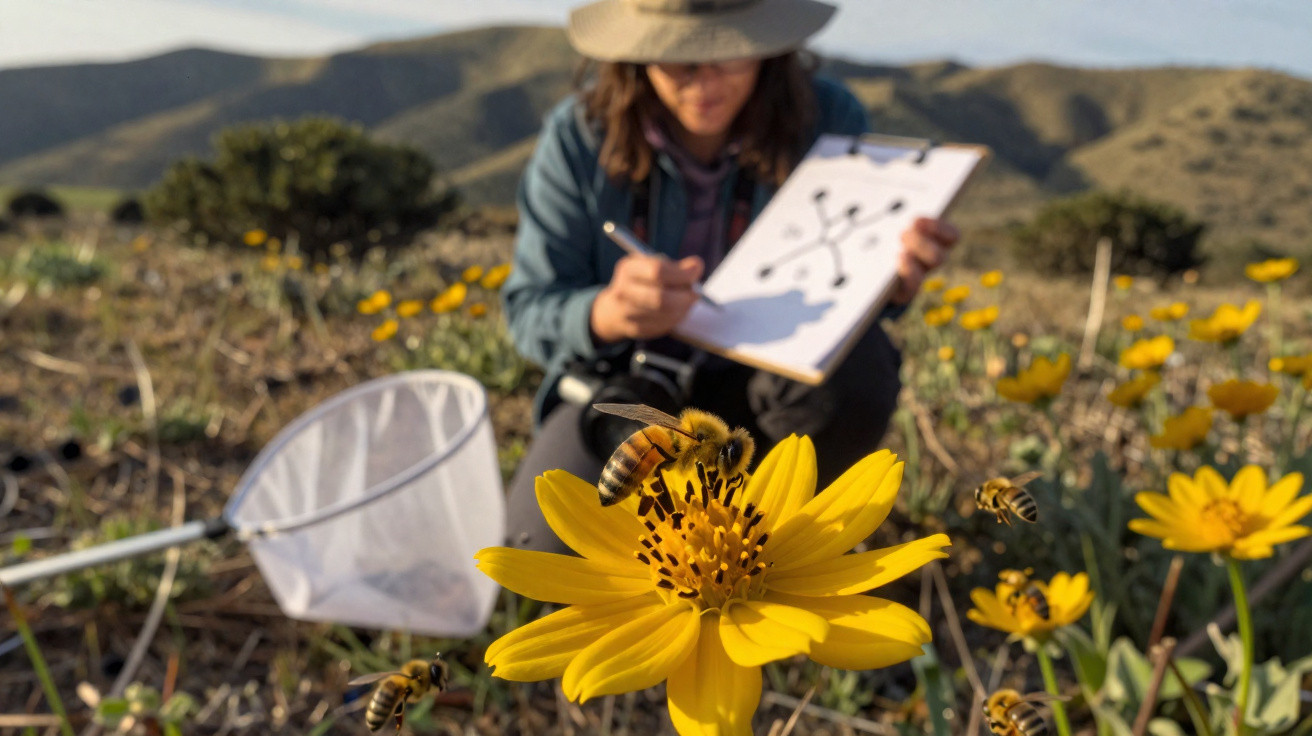 Abeilles butinant une fleur jaune dans un champ, femme en arrière-plan prenant des notes sur un tableau.